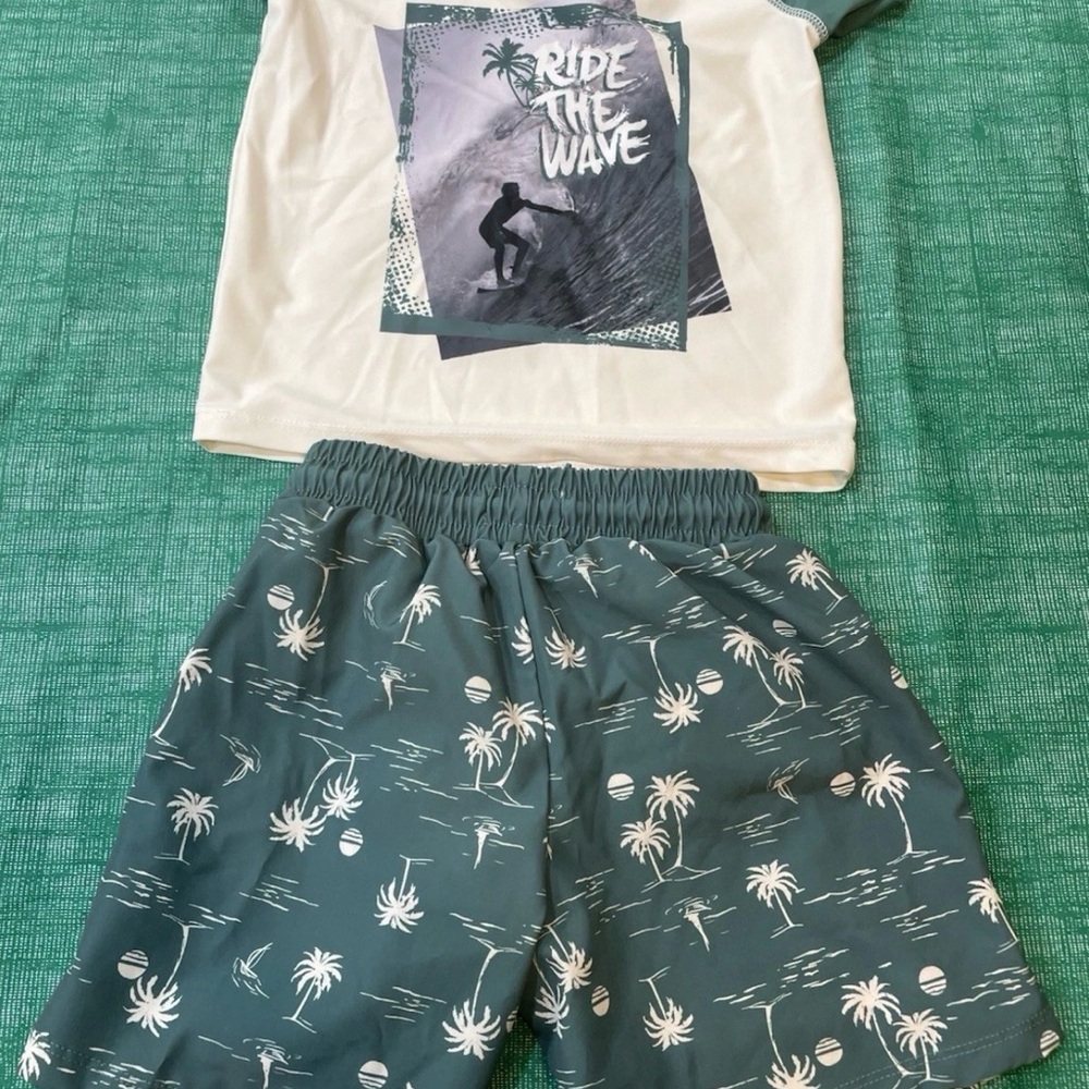 Size 4 swim Set, modern baby beach blanket, swim shoes. Great bundle.